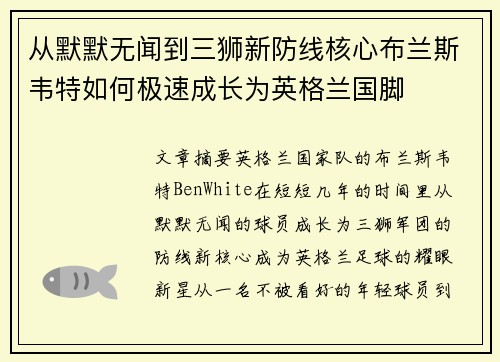从默默无闻到三狮新防线核心布兰斯韦特如何极速成长为英格兰国脚